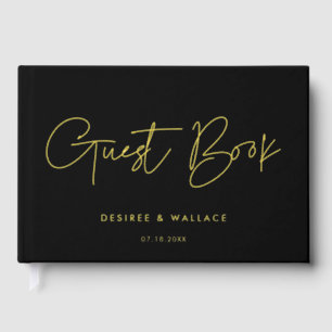 ミニマモダンリストのブラックと金ゴールド結婚ズ ゲストブック