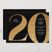 ミニマモダンリストのブラックと金ゴールド20歳の誕生日 招待状 (正面/裏面)