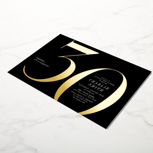 ミニマモダンリストのブラックと金ゴールド30歳の誕生日 箔招待状 (回転した状態)