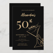 ミニマモダンリストのブラックと金ゴールド50歳の誕生日 招待状 (正面/裏面)