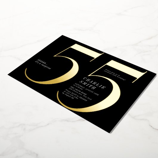 ミニマモダンリストのブラックと金ゴールド55歳の誕生日 箔招待状 (回転した状態)