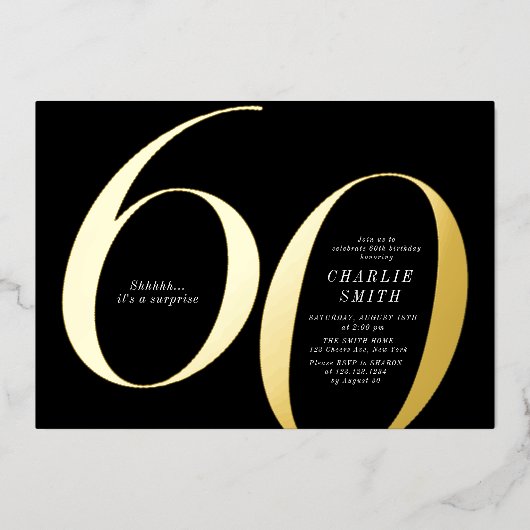 ミニマモダンリストのブラックと金ゴールド60歳の誕生日 箔招待状 (正面)