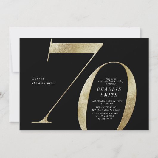 ミニマモダンリストのブラックと金ゴールド70歳の誕生日 招待状 (正面)