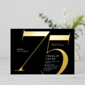 ミニマモダンリストのブラックと金ゴールド75歳の誕生日 箔招待状 (立ち正面)