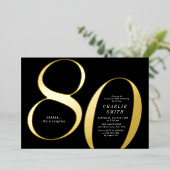 ミニマモダンリストのブラックと金ゴールド80歳の誕生日 箔招待状 (立ち正面)