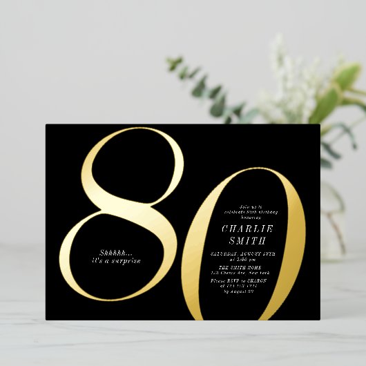 ミニマモダンリストのブラックと金ゴールド80歳の誕生日 箔招待状 (立ち正面)