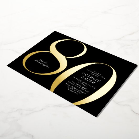 ミニマモダンリストのブラックと金ゴールド80歳の誕生日 箔招待状 (回転した状態)