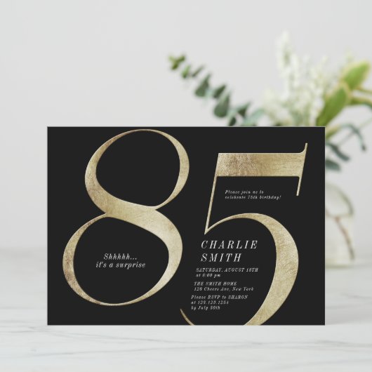 ミニマモダンリストのブラックと金ゴールド85歳の誕生日 招待状 (スタンド正面)