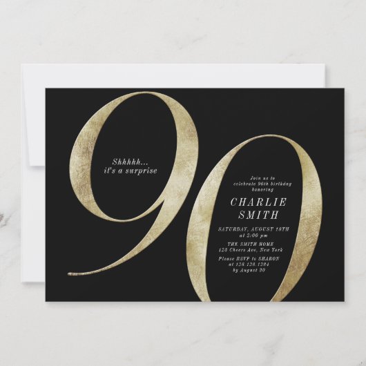 ミニマモダンリストのブラックと金ゴールド90歳の誕生日 招待状 (正面)