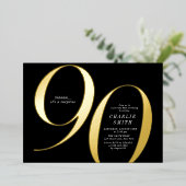 ミニマモダンリストのブラックと金ゴールド90歳の誕生日 箔招待状 (立ち正面)