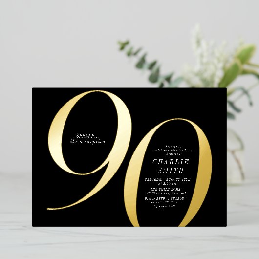 ミニマモダンリストのブラックと金ゴールド90歳の誕生日 箔招待状 (立ち正面)
