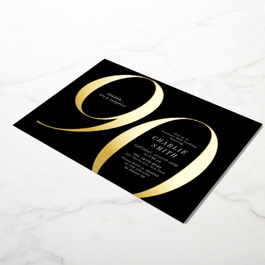 ミニマモダンリストのブラックと金ゴールド90歳の誕生日 箔招待状 (回転した状態)