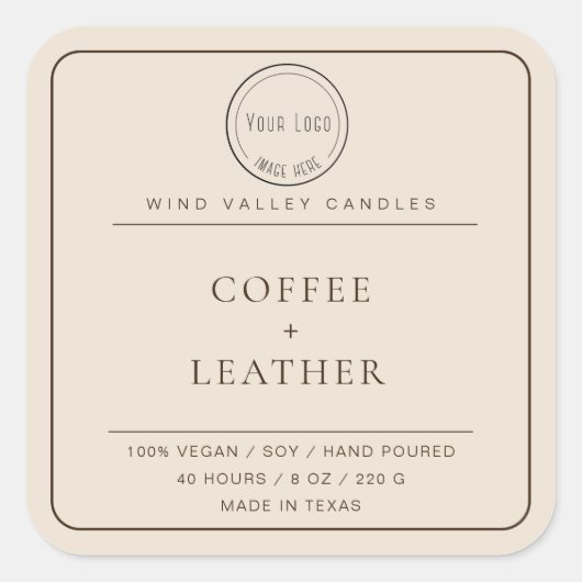 ミニマモダンリストのベージュ茶色のロゴキャンドルラベル スクエアシール (正面)