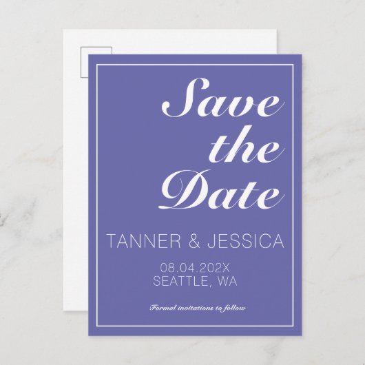 ミニマモダンリストのペリウィンクル&ホワイト日付を保存 案内ポストカード (正面/裏面)