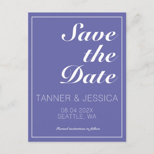 ミニマモダンリストのペリウィンクル&ホワイト日付を保存 案内ポストカード (正面)