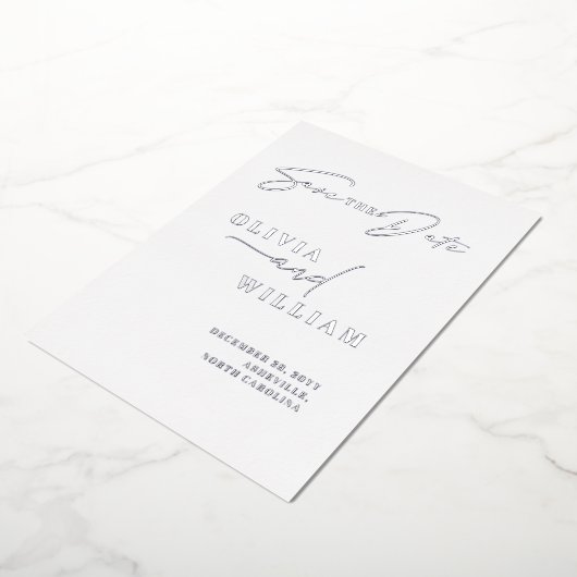 ミニマモダンリストのホワイトシルバー日付を保存 箔招待状