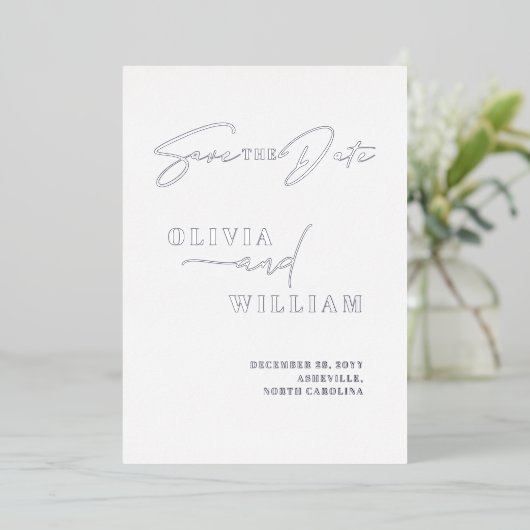 ミニマモダンリストのホワイトシルバー日付を保存 箔招待状 (立ち正面)