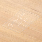 ミニマモダンリストのホワイト日付を保存 アクリル招待状 (レイダウン)