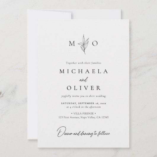 ミニマモダンリストのボエレガントタニカル結婚スクリプト 招待状 (正面)