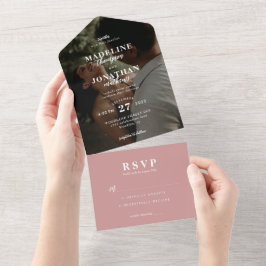 ミニマモダンリストの上品な写結婚真の埃っぽいピンク オールインワン招待状