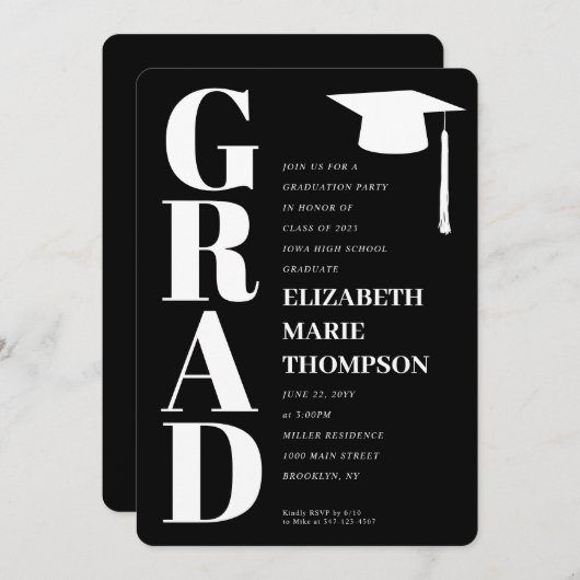 ミニマモダンリストの大学院卒業卒業式パーティー 招待状 (正面/裏面)