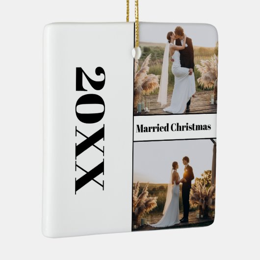 ミニマモダンリストの新しい結婚したクリスマス写真 セラミックオーナメント (右)