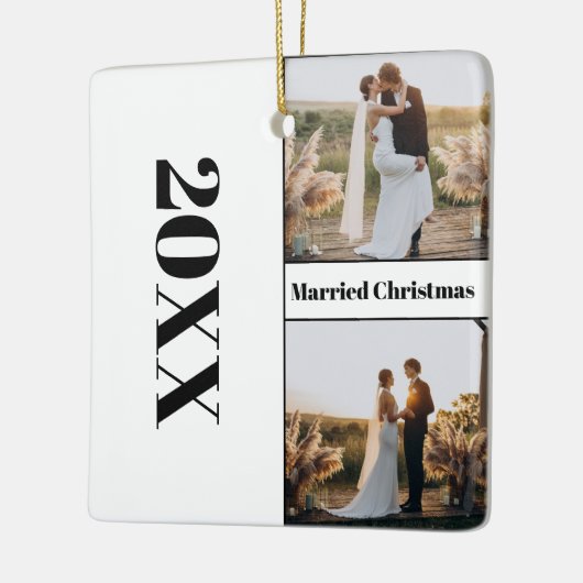 ミニマモダンリストの新しい結婚したクリスマス写真 セラミックオーナメント (左)