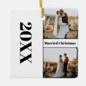 ミニマモダンリストの新しい結婚したクリスマス写真 セラミックオーナメント (正面)