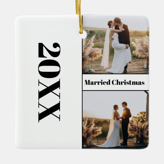 ミニマモダンリストの新しい結婚したクリスマス写真 セラミックオーナメント (正面)