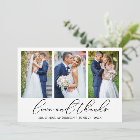 ミニマモダンリストの書結婚道の3つの写真の愛 サンキューカード (スタンド正面)