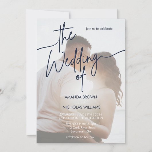 ミニマモダンリストの海軍の写真結婚のInvita 招待状 (正面)