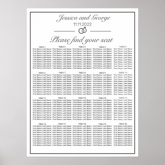 ミニマモダンリストの白い座席表20表 ポスター (正面)