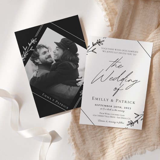 ミニマモダンリストの白黒の写真結婚 招待状