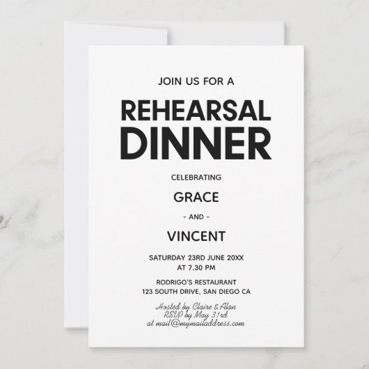 ミニマモダンリストの白黒リハーサルのディナー 招待状 (正面)