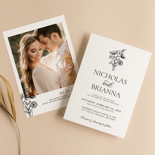 ミニマモダンリストの白黒結婚フローラの写真 招待状