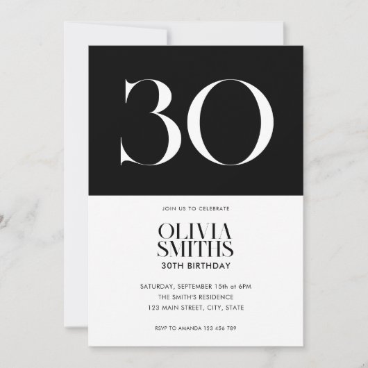 ミニマモダンリストの白黒30歳の誕生日 招待状 (正面)