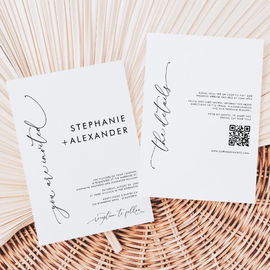ミニマモダンリストの白黒QRコー結婚ド 招待状