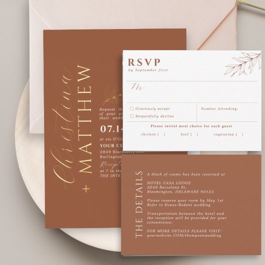 ミニマモダンリストの結婚テラコッタの金ゴールド 箔招待状