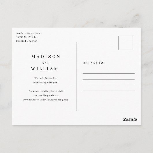 ミニマモダンリストの結婚式の日付を保存 ポストカード (裏面)