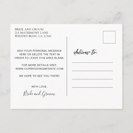 ミニマモダンリストの結婚式の日付を保存 案内ポストカード (裏面)