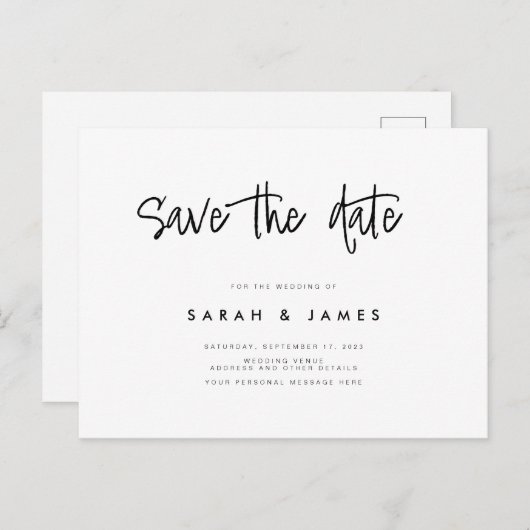 ミニマモダンリストの結婚式の日付を保存 案内ポストカード (正面/裏面)