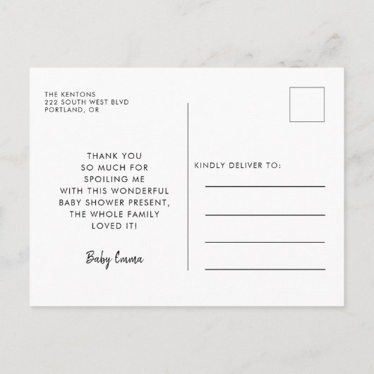 ミニマモダンリストの赤ちゃんシャワー感謝していユー ポストカード (裏面)
