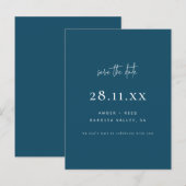 ミニマモダンリストの青いスクリプト日付を保存 案内ポストカード (正面/裏面)