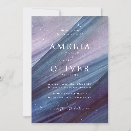 ミニマモダンリストの青と紫の抽象芸術結婚ズ 招待状 (正面)