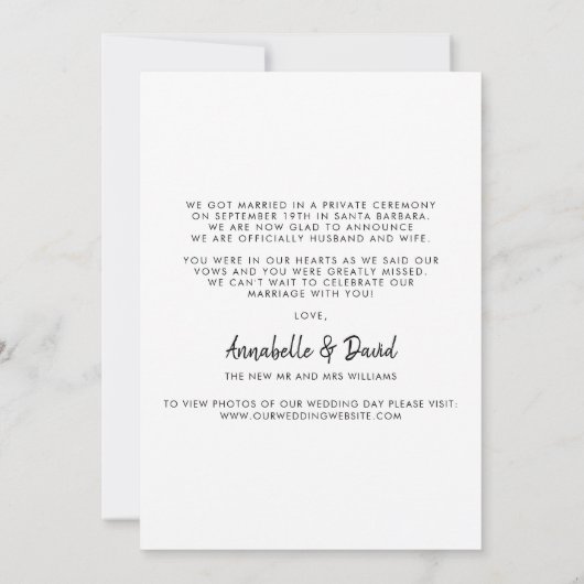 ミニマモダンリストの黒い写結婚真の落ち込み 案内状 (裏面)