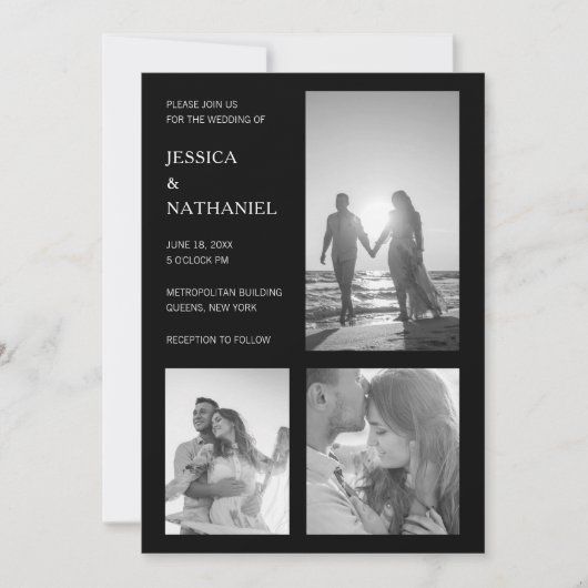 ミニマモダンリストの黒い写結婚真 招待状 (正面)
