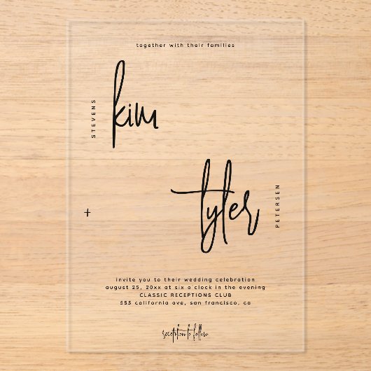 ミニマモダンリストの黒い澄んスクリプ結婚ト アクリル招待状 (正面)