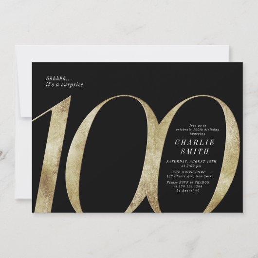 ミニマモダンリストの黒と金ゴールド100歳の誕生日 招待状 (正面)