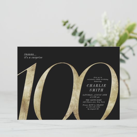 ミニマモダンリストの黒と金ゴールド100歳の誕生日 招待状 (スタンド正面)
