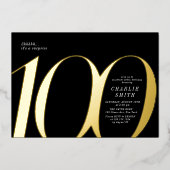 ミニマモダンリストの黒と金ゴールド100歳の誕生日 箔招待状 (正面)